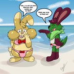 anthro bikini bikini_bottom bikini_bulge bikini_top bulge clothed clothing crossdressing duo eyes_closed fur green_body green_fur male slightly_chubby swimwear text two-piece_swimsuit young young_anthro rouyuki_(artist) harvey_beaks nickelodeon dade_(harvey_beaks) lagomorph leporid mammal rabbit 1:1 2022 absurd_res english_text hi_res