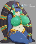 anthro big_breasts breasts canid chest_tuft clothing colored colored_sketch dreadlocks female generation_4_pokemon gold_(metal) gold_jewelry hi_res holowear_(pokemon) jewelry kneeling lucario mammal mature_female nintendo pokemon pokemon_(species) pokemon_unite red_eyes ruins_style_lucario rukario_jarreau simple_background sketch sly_shadex solo thick_thighs tuft