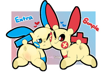 ambiguous_gender anthro anus anus_only biped blue_eyes border butt cheek_markings duo face_squish facial_markings featureless_crotch frown gradient_background head_markings heart_symbol kneeling markings null one_eye_closed rear_view red_eyes simple_background smile squish tail text white_border fairyfudge nintendo pokemon generation_3_pokemon minun plusle pokemon_(species) artist_name digital_media_(artwork)