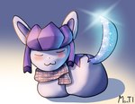 :3 blush eyes_closed feral glowing glowing_tail happy loaf male moon_tail multicolored_body purple_body purple_ears purple_star scarf simple_background sleeping smile solo tail monterowicz_(monti) nintendo pokemon mox_(monterowicz) eeveelution felid feline generation_4_pokemon glaceon mammal pokemon_(species) digital_media_(artwork)