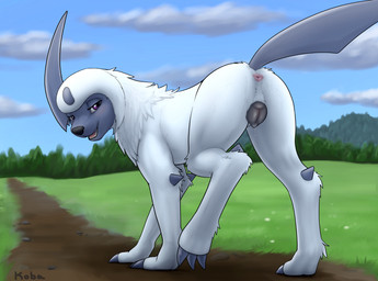 animal_genitalia animal_vulva anus black_vulva bodily_fluids butt canine_genitalia canine_vulva claws cloud day digitigrade fangs female female_feral feral finger_claws fur genital_fluids genitals outside plant purple_eyes quadruped sky solo tail teeth toe_claws tree vaginal_fluids vulva white_body white_fur koba nintendo pokemon absol generation_3_pokemon pokemon_(species) absurd_res hi_res shaded signature
