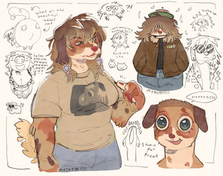 anthro bangs bottomwear brown_body brown_fur brown_hair claws clothing female fur green_eyes hair jacket medium_hair multicolored_body multicolored_fur pants pawpads paws shirt short_hair slightly_chubby solo t-shirt topwear white_sclera metastatiic canid canine canis domestic_dog mammal digital_media_(artwork) hi_res