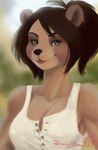 anthro black_hair blurred_background breasts brown_body brown_fur clothing female fur green_eyes hair looking_at_viewer markings mole_(marking) ponytail smile solo topwear white_clothing white_topwear chanrom bear mammal 2017 half-length_portrait hi_res portrait