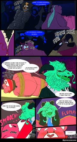 bdsm bodily_fluids bondage bound captured cloth_gag clothing drone female gag gagged gagspeak gimp_suit kidnapping latex latex_clothing male muffled otm_gag profanity struggling suit surprised sweat tape tape_gag text vowelless smallsavant absurd_res comic english_text hi_res