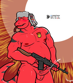 ak-47 ak_platform anthro aroused_face aroused_smile assault_rifle balls belly big_belly blush blush_lines bodily_fluids chinese_flag clothing cuban_flag cum cumshot dot_eyes ejaculation erection fangs fat_upper_pubic_area foreskin genital_fluids genitals gun hat headgear headwear lgbt_pride looking_at_viewer male medal narrowed_eyes nipples pecs penis polyamory polyamory_pride_colors polyamory_pride_flag pride_colors ranged_weapon red_background red_body red_skin retracted_balls rifle simple_background simple_eyes solo strong_arms sweat sweatdrop teeth tongue tongue_out ushanka ushanka_only vein veiny_biceps veiny_penis weapon cerdeorhys black_lives_matter reddit reptile scalie snake aliasing dated digital_media_(artwork) hi_res watermark