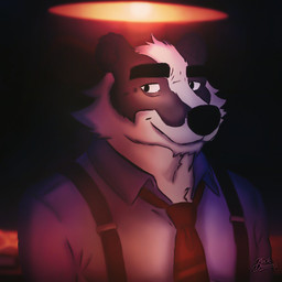accessory anthro biped black_body black_fur black_nose blue_clothing blue_shirt blue_topwear clothing fur male necktie red_necktie shirt smile solo standing suspenders topwear white_body white_fur nickdrawing beastly_crimes beastly_crimes_(2024) chief_badger badger mammal mustelid musteline 1:1 2026