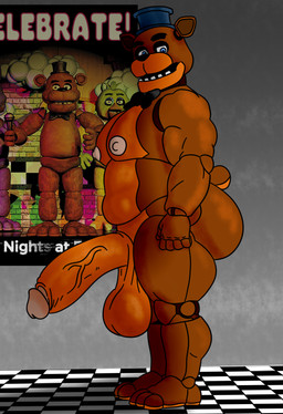 anthro balls barazoku big_balls big_butt big_penis blue_eyes bow_tie bubble_butt butt checkered checkered_floor clothing electronics genitals glans hat headgear headwear huge_penis joints looking_down machine male microphone multicolored_body muscular muscular_male nipples pecs penis poster saggy_balls short_tail side_view solo standing tail teeth text thick_thighs two_tone_body vein veiny_penis whitestellar five_nights_at_freddy's scottgames chica_(fnaf) freddy_(fnaf) bear mammal robot robot_anthro hi_res official_art
