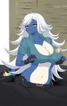 anthro big_breasts breasts clothing female hair police police_uniform quicksand sinking solo uniform wam white_hair shirasiyuki nintendo pokemon asami_the_samurott_cop generation_5_pokemon pokemon_(species) samurott absurd_res hi_res