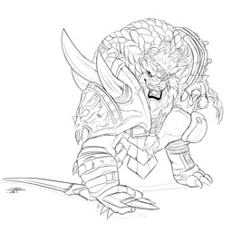 anthro beard braided_hair claws clothed clothing facial_hair fangs finger_claws front_view hair holding_melee_weapon holding_object holding_sword holding_weapon male melee_weapon muscular muscular_anthro muscular_male open_mouth simple_background solo sword teeth weapon whiskers crazydrak league_of_legends riot_games tencent rengar_(lol) felid lion mammal pantherine 1:1 absurd_res hi_res monochrome