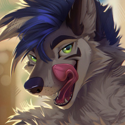 anthro arm_tuft backlighting black_ears blue_hair cheek_tuft facial_tuft fangs front_view fur glistening glistening_eyes green_eyes grey_body grey_fur grey_hair hair licking licking_lips licking_own_lips light looking_at_viewer male male_anthro multicolored_hair neck_tuft open_mouth red_tongue shoulder_tuft simple_background solo teeth tongue tongue_out tuft two_tone_hair white_body white_fur timmothy_arts canid canine mammal 1:1 bust_portrait detailed icon lighting portrait signature