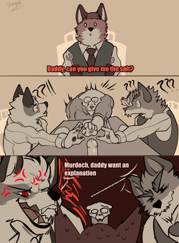 age_difference aged_up angry anthro barazoku beard bodily_fluids clothed clothing dialogue dinner exclamation_point facial_hair family fangs furniture humor male male/male mature_anthro mature_male muscular muscular_anthro muscular_male older_anthro question_mark shocked sweat table teeth text pinumontbalou echo_(series) echo_project the_smoke_room alfred_byrnes jim_sterling_(the_smoke_room) murdoch_byrnes samuel_ayers canid canine canis cougar felid feline felis fox mammal comic english_text hi_res