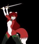 anthro breasts clothing dipstick_tail female fur genitals gloves_(marking) green_eyes hair legwear markings melee_weapon mostly_nude multicolored_tail navel nipples open_mouth pussy red_body red_fur red_hair simple_background solo sword tail tail_markings thigh_highs transparent_background weapon terdburgler linda_wright canid canine felid fox hybrid mammal alpha_channel