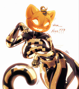 anthro arm_under_breasts big_breasts bodysuit breasts clothing collarbone dialogue eyebrows female for_a_head glistening glistening_bodysuit glistening_clothing glistening_skinsuit pumpkin_head skinsuit smile solo thick_thighs tight_clothing wide_hips ivyuun epic_games fortnite spice_(fortnite) domestic_cat felid feline felis mammal object_head 2025 digital_media_(artwork) hi_res