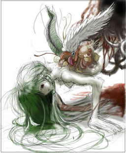 body_horror breasts feathered_wings feathers female gore not_furry small_breasts solo wings kasophism sayonara_wo_oshiete sugamo_mutsuki angel angel_humanoid humanoid monster monstrous_humanoid