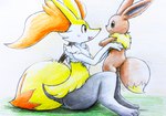 ambiguous_gender anthro blush blush_lines brown_body brown_fur duo feral fur grey_body grey_fur holding_another inner_ear_fluff open_mouth orange_body orange_eyes orange_fur paws tail tongue tuft white_body white_fur yellow_body yellow_fur eiroru nintendo pokemon braixen canid canine eevee generation_1_pokemon generation_6_pokemon mammal pokemon_(species) 2021 graphite_(artwork) hi_res traditional_media_(artwork)