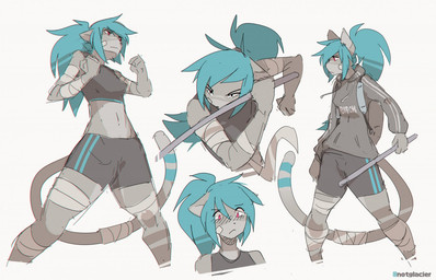 action_pose anthro athletic athletic_anthro athletic_female athletic_wear backpack band-aid bandage blue_hair bottomwear bra clothed clothing female fighting_pose fingers fur grey_body grey_fur hair holding_object holding_weapon hoodie markings pink_eyes ponytail pose shorts simple_background solo spandex spandex_shorts sports_bra striped_markings striped_tail stripes tail tail_markings text text_on_clothing text_on_topwear tight_clothing tomboy topwear underwear weapon white_background notglacier kei_(notglacier) domestic_cat felid feline felis mammal digital_drawing_(artwork) digital_media_(artwork) english_text