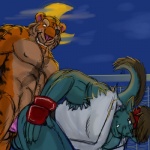 anal anthro cosplay duo male male/male male_penetrated male_penetrating male_penetrating_male penetration sex tail baddemona capcom mythology street_fighter ryu_(street_fighter) sagat dragon felid mammal mythological_creature mythological_scalie pantherine scalie tiger 1:1