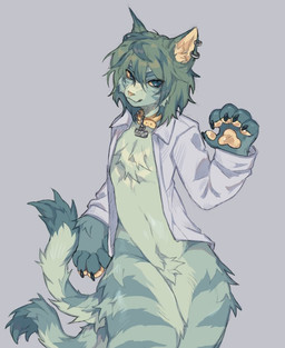 2_tails 5_fingers ambiguous_gender anthro biped blue_eyes cheek_tuft chest_tuft clothing coat collar collar_tag crotch_tuft ear_piercing facial_tuft featureless_chest featureless_crotch fingers fluffy fluffy_tail fur green_body green_fur green_hair grey_background hair lab_coat leg_tuft looking_at_viewer markings multi_tail navel pawpads paws piercing raised_arm razor_blade short_hair simple_background snout solo standing striped_markings stripes tail thigh_tuft topwear tuft wearing_collar yellow_collar yellow_pawpads decomposerval domestic_cat felid feline felis mammal digital_drawing_(artwork) digital_media_(artwork) english_description shaded