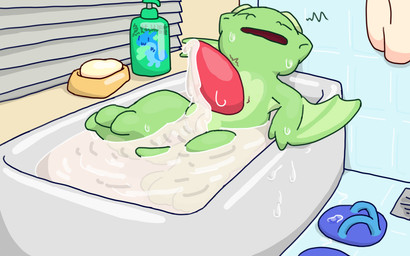 2_horns 3_toes anthro bathroom bathtub big_penis blinds blue_clothing blue_footwear bodily_fluids claws clothing cum cum_bath cum_flow eyes_closed fainting feet flip_flops footwear genital_fluids genitals green_arms green_body green_ears green_feet green_legs green_tail head_horn horn light_horn light_wings male monotone_horn nude penis pink_penis plantigrade sandals shampoo_bottle shoes smooth_horn soap_bar solo tail tapering_penis toes towel tremble_lines water_drop wing_claws wings nomani_int32 european_mythology mythology palworld pocketpair wasabi_(nomani_int32) chillet dragon mythological_creature mythological_scalie pal_(species) scalie western_dragon wyvern 16:10 widescreen