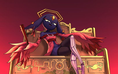 anthro avian_feet black_clothing black_legwear black_nose black_stockings blue_body blue_fur bottomless chair clothed clothing crossed_legs ear_piercing eyelashes eyeshadow female floppy_ears forehead_gem front_view fur furniture gem halo holding_fan legwear long_sleeves looking_at_viewer lop_ears makeup navel open_mouth open_smile piercing prosthetic prosthetic_leg prosthetic_limb red_background red_clothing red_eyeshadow red_topwear simple_background sitting smile solo stockings thick_thighs throne topwear wide_hips member123 nine_sols red_candle_games goumang_(nine_sols) felid feline mammal solarian hi_res