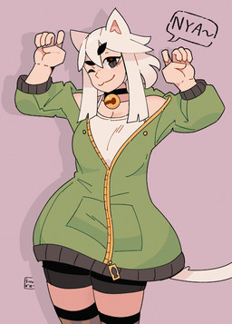 :3 bell bell_collar big_breasts black_eyes breasts cleavage clothed clothing collar female hair jacket looking_at_viewer nya one_eye_closed paw_pose pose short_hair simple_background smile smiling_at_viewer solo standing text thick_thighs topwear white_hair wink winking_at_viewer low_res_art maxine_(the_sleepy_ghost) animal_humanoid cat_humanoid felid felid_humanoid feline feline_humanoid humanoid mammal mammal_humanoid hi_res signature