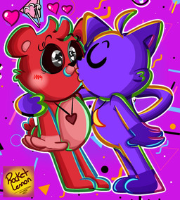 anthro blush duo female heart_symbol kiss_on_lips kissing love male purple_background purple_body red_body simple_background tail rocketlennon mob_entertainment poppy_playtime smiling_critters bobby_bearhug catnap_(poppy_playtime) bear domestic_cat felid feline felis mammal hi_res