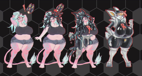 anthro big_breasts black_clothing black_topwear blue_hair blue_tail_tip bottomwear bra breasts bulge butt clothing denim denim_bottomwear denim_clothing denim_shorts dipstick_tail drone female fur hair hands_behind_head heart_eyes heart_symbol latex latex_clothing latex_skinsuit liquid_latex lock_bulge locked markings navel paws pink_body pink_eyes pink_tail red_eyes shorts skinsuit solo stage suit tail tail_markings thick_thighs tight_clothing tongue topwear transformation transformation_by_substance underwear white_body white_fur white_sclera wide_hips yellow_inner_ear mekmarchu nintendo pokemon team_rocket cinderace felid generation_8_pokemon mammal pantherine pokemon_(species) tiger absurd_res hi_res