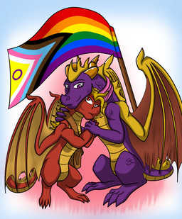 claws duo feral hand_holding horn lgbt_pride male male/male membrane_(anatomy) membranous_wings pride_color_flag pride_colors progress_pride_colors purple_eyes red_eyes spines wings roxasfin activision lgbt_pride_month mythology spyro_the_dragon flame_(spyro) spyro dragon mythological_creature mythological_scalie scalie hi_res