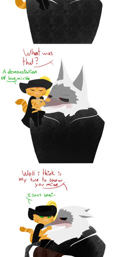 affectionate anthro arm_wrapping arm_wraps belt blush boots cape caressing caressing_face carrying_another carrying_partner cheek_lick cheek_tuft cloak clothing dialogue duo ears_down emanata eye_contact eyebrows eyes_closed face_lick facial_markings facial_tuft footwear frown fur fuzzy green_eyes grey_body grey_fur grin half-closed_eyes hat head_in_mouth head_markings headgear headwear heart_symbol kissing kissing_cheek licking looking_at_another looking_at_partner looking_at_viewer love love_bite male male/male markings mask_(marking) narrowed_eyes nom on_shoulder orange_body orange_fur pivoted_ears pointy_ears poncho prick_ears question_mark raised_arm red_eyes romantic romantic_couple sharp_teeth shoes silly simple_background sitting size_difference smile standing surprised tail tail_motion tailwag teeth text tongue tuft white_background wide_eyed wrapped_arms wraps bichocanibal dreamworks puss_in_boots_(franchise) death_(puss_in_boots) puss_in_boots_(dreamworks) canid canine canis domestic_cat felid feline felis mammal tabby_cat wolf absurd_res english_text hi_res long_image sequence signature tall_image