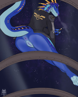 anthro anus blue_body bottomless bottomless_anthro butt cigarette claws clothed clothing female female_anthro genitals long_tail on_vehicle sitting sitting_on_glass sitting_on_vehicle smoke smoking solo space spacecraft star tail vehicle vulva 5ushiroll dinosaur prehistoric_species reptile scalie 4:5 absurd_res hi_res