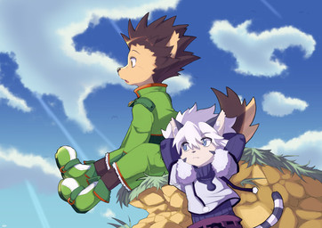 alternate_species anthro duo female furrification hands_behind_head kemono leaning leaning_backward looking_aside male outside sitting young young_anthro young_male anaquariusart cyberconnect2 hunter_x_hunter little_tail_bronx solatorobo elh_melizee gon_freecss killua_zoldyck red_savarin canid canine caninu canis domestic_cat domestic_dog felid feline felineko felis mammal 2025 absurd_res crossover hi_res