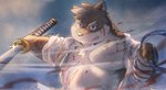 anthro belly blood bodily_fluids clothing cut_(wound) katana male melee_weapon musclegut muscular nipples pecs scar solo sword torn_clothing weapon wounded cai_yuwang lifewonders tokyo_afterschool_summoners moritaka_(tas) canid canine canis domestic_dog mammal hi_res