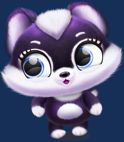 anthro blue_eyes chibi fur head_tilt looking_aside male purple_body purple_fur solo white_body white_fur unknown_artist fluvsies mammal mephitid skunk hi_res official_art