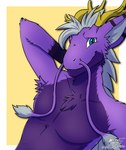 anthro antlers azzy_(bubble) barbel_(anatomy) chest_tuft flesh_whiskers fur green_eyes hair horn looking_at_viewer male nude purple_body purple_fur simple_background solo tuft white_hair codyf0xx mythology dragon mythological_creature mythological_scalie scalie hi_res