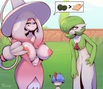 ambiguous_gender areola big_areola big_breasts big_nipples breasts female gardevoir generation_3_pokemon generation_8_pokemon group hair hair_over_eyes hatterene hi_res huge_breasts nintendo nipples not_furry pokemon pokemon_(species) question_mark ralts red_eyes shinki_(artist) shiny_pokemon trio white_body