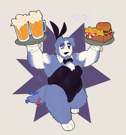 3_toes alcohol anthro anthrofied arm_tuft armpit_tuft beard beer beverage big_muscles big_pecs biped blue_body blue_fur bow_tie bulge bunny_costume burger cheek_tuft chest_tuft clothed clothing costume dialogue ear_tuft eyebrow_through_ear eyebrows facial_hair facial_tuft fake_ears fake_rabbit_ears feet floppy_ears food fries fur head_tuft holding_object holding_tray leg_tuft male muscular one_eye_closed open_mouth pecs shirt_collar simple_background solo tail text thick_eyebrows thought_bubble toes tuft waiter white_body white_fur wink wire kueunder deltarune undertale_(series) ramb_(deltarune) darkner plugboy 2025 artist_name english_text hi_res