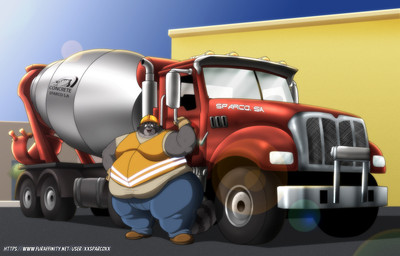 anthro armor belly big_belly biped boots clothed clothing construction_equipment construction_vehicle construction_worker facial_markings footwear fur gloves grey_body grey_fur hand_on_hip handwear hard_hat head_markings headgear helmet looking_at_viewer love_handles male markings mask_(marking) mixer_truck moobs musclegut muscular muscular_anthro muscular_male obese obese_anthro obese_male open_mouth open_smile outside overweight overweight_anthro overweight_male plantigrade ring_(marking) ringed_tail safety_vest shoes smile solo standing striped_markings striped_tail stripes tail tail_markings text thick_thighs topwear vest wide_hips xxsparcoxx mammal procyonid raccoon hi_res url