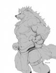 abs anthro biceps bottomwear clothing fur loincloth male muscular muscular_anthro muscular_male pecs solo gawein-dragon canid canine canis mammal wolf 2018 monochrome