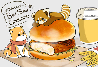 black_eyes brown_body brown_fur burger chibi comically_large_object detailed_food dot_eyes duo feral food fries fur kemono lying micro one_eye_closed scarf simple_eyes sitting wink shi_nominmin ailurid canid canine canis domestic_dog mammal red_panda shiba_inu spitz 2020 detailed hi_res