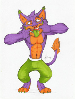 abs anthro bottomwear claws clothed clothing fingerpads front_view fur glistening glistening_eyes green_bottomwear green_claws green_clothing green_pants looking_at_viewer male male_anthro muscular muscular_anthro muscular_male navel open_mouth orange_body orange_fur pants pawpads pecs purple_body purple_fur red_eyes simple_background solo standing tail tail_tuft topless tuft white_background hufnaar mammal species_request 2018 dated full-length_portrait hi_res portrait