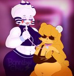 abs anthro bandage belly blush collar duo female female/female freckles fur leash leashed_collar makeup muscular name_tag pubes segmented_arms wristband yellow_body yellow_fur bonnibelchu five_nights_at_freddy's five_nights_at_freddy's_2 fredina's_nightclub scottgames golden_freddy_(fnaf) marie_(cally3d) marie_(cryptiacurves) marionette_(fnaf) type_0_(cryptiacurves) bear mammal