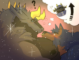 anthro belly black_body black_fur black_nipples black_scales black_sclera blue_blush blue_eyes blush body_hair brown_body brown_fur bulge chest_hair claws duo eye_contact facial_piercing fur happy_trail head_on_chest horn looking_at_another male male/male mane muscular muscular_arms nipples nose_piercing nose_ring pecs piercing ring_piercing scales side_view solo thought_bubble kingkuga bandai_namco digimon mythology briggsy_(kingkuga) canid canine canis digimon_(species) dragon furred_dragon furred_scalie mammal mythological_creature mythological_scalie scalie wolf