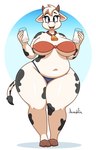 2_horns anthro big_breasts breasts cleavage clothed clothing cowbell eyewear female glasses horn huge_breasts looking_at_viewer markings milk open_mouth simple_background slightly_chubby solo spots spotted_body tail thick_thighs two_tone_bikini white_background wide_hips jhenightfox bovid bovine cattle mammal hi_res tagme
