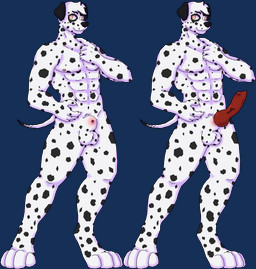 animal_genitalia anthro ball_tuft balls barefoot black_spots digitigrade erection feet genitals knot knotted_penis looking_at_viewer male muscular muscular_anthro muscular_male nude orange_eyes penis red_penis sheath simple_background smile smiling_at_viewer solo spots tuft white_body kamrynkam canid canine canis dalmatian domestic_dog mammal absurd_res alpha_channel cel_shading hi_res model_sheet shaded