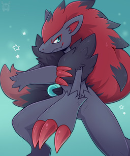 ambiguous_gender anthro black_body black_fur black_hair blue_eyes claws fangs finger_claws fur hair long_hair markings nude red_claws red_hair red_markings snout solo teeth fleurfurr nintendo pokemon generation_5_pokemon pokemon_(species) zoroark 5:6 colored digital_drawing_(artwork) digital_media_(artwork) hi_res shaded