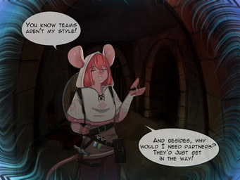 anthro clothed clothing dialogue dungeon female hair looking_at_viewer mouse_ears mouse_tail simple_background solo speech_bubble tail teeth text topwear yourumi tilly_(yourumi) mammal mouse murid murine rodent 4:3 comic digital_media_(artwork) english_text