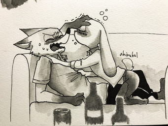 anthro blush bodily_fluids clothed clothing drunk duo fully_clothed furniture sofa substance_intoxication sweat sweatdrop wine_bottle ahiru621 disney inktober zootopia judy_hopps nick_wilde canid canine fox lagomorph leporid mammal rabbit red_fox true_fox 2018 4:3 traditional_media_(artwork)