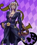 anthro black_bottomwear black_clothing black_pants bottomwear breasts cleavage clothed clothing cosplay eyeshadow female fin frown gills highlights_(coloring) jacket_around_waist logo looking_at_viewer makeup medal pants scowl solo string dregadude jojo's_bizarre_adventure leone_abbacchio fish ground_shark leopard_shark marine scalie shark triakid hi_res