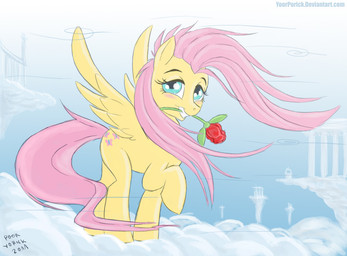 bedroom_eyes blue_eyes cloud detailed_background feathered_wings feathers female feral flower flower_in_mouth fur hair half-closed_eyes looking_at_viewer mane narrowed_eyes outside pink_hair pink_mane pink_tail plant rose_(flower) rose_in_mouth seductive sky skyscape smile smiling_at_viewer solo tail text toony wind wings yellow_body yellow_feathers yellow_fur poor_yorick friendship_is_magic hasbro my_little_pony mythology fluttershy_(mlp) equid equine mammal mythological_creature mythological_equine pegasus 2011 url