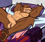 absurd_res anthro armpit_hair asdfgh01 balls bear bed bodily_fluids body_hair chubby_belly clothing) drooling erection feet fur furniture genital_fluids genitals hi_res male mammal muscular nude pawpads penis pillow precum pubes saliva sleeping solo